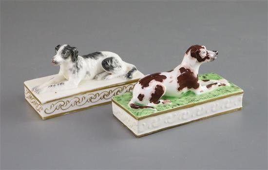 Two Minton porcelain figures of a recumbent setter and a pointer, c.1831-40, L. 10.7cm and 11cm